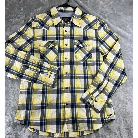 American Eagle‎ Shirt Mens Large Yellow Madras Plaid Vintage Fit Pearl Snap - Picture 3 of 9
